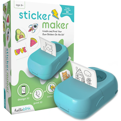 Hello Blink Sticker Maker device with packaging on a white background