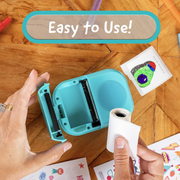 Teal printer with a roll of paper on a wooden surface, with text 'Easy to Use!' above.