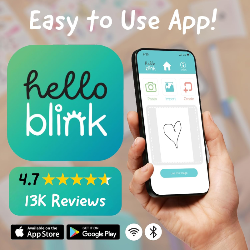 Hand holding a smartphone displaying the 'hello blink' app with app icon and rating on screen.