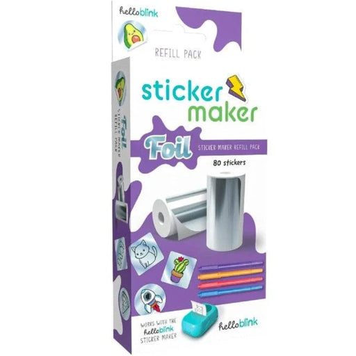 Hello blink Sticker Maker Foil refill pack containing 80 stickers, shown in its retail packaging with a roll of silver foil, colorful sticks, and sample sticker designs.