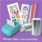 A sticker maker kit shown on a purple background, including a turquoise sticker printer, a roll of silver vinyl, four colored pens, and two sheets of temporary stickers. White text at the bottom reads '*Sticker Maker sold separately!'.
