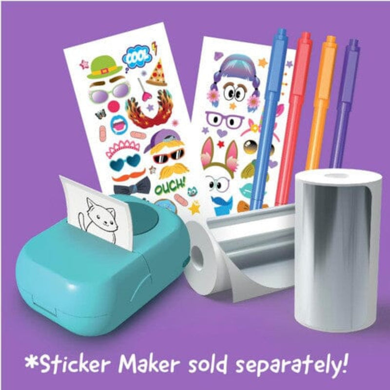 A sticker maker kit shown on a purple background, including a turquoise sticker printer, a roll of silver vinyl, four colored pens, and two sheets of temporary stickers. White text at the bottom reads '*Sticker Maker sold separately!'.