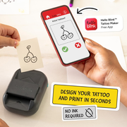 Hello Blink tattoo printer with smartphone app and printed tattoo design on a white background