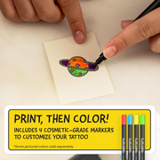 Coloring a small tattoo design with markers on a piece of paper, including text about the product.