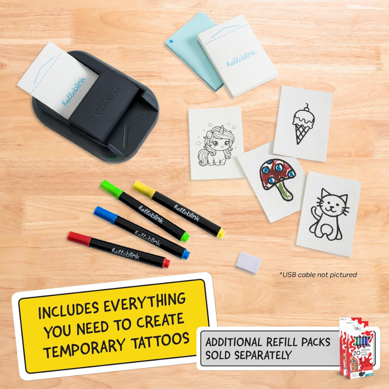 Temporary tattoo kit with markers, ink pads, and tattoo designs on a wooden surface.