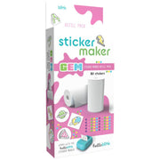 Sticker Maker Gem refill pack by Hello Blink, containing 80 stickers, shown in its retail packaging box. The box is primarily white with pink accents, featuring illustrations of sticker sheets, a roll of stickers, and a small teal sticker applicator.