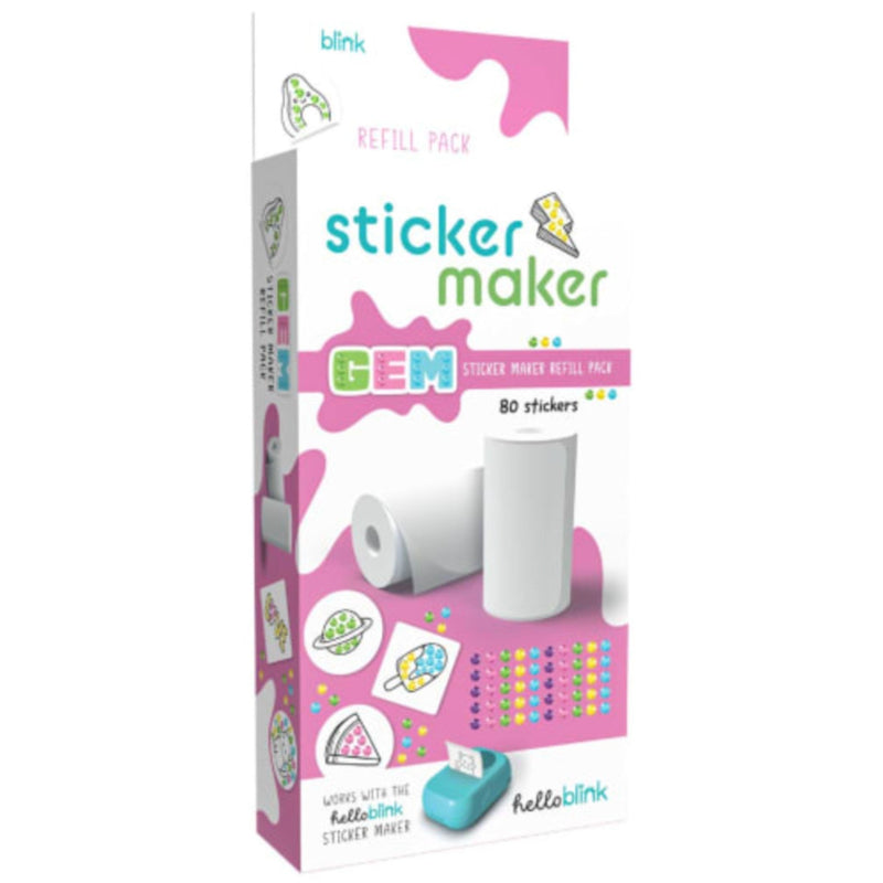 Sticker Maker Gem refill pack by Hello Blink, containing 80 stickers, shown in its retail packaging box. The box is primarily white with pink accents, featuring illustrations of sticker sheets, a roll of stickers, and a small teal sticker applicator.