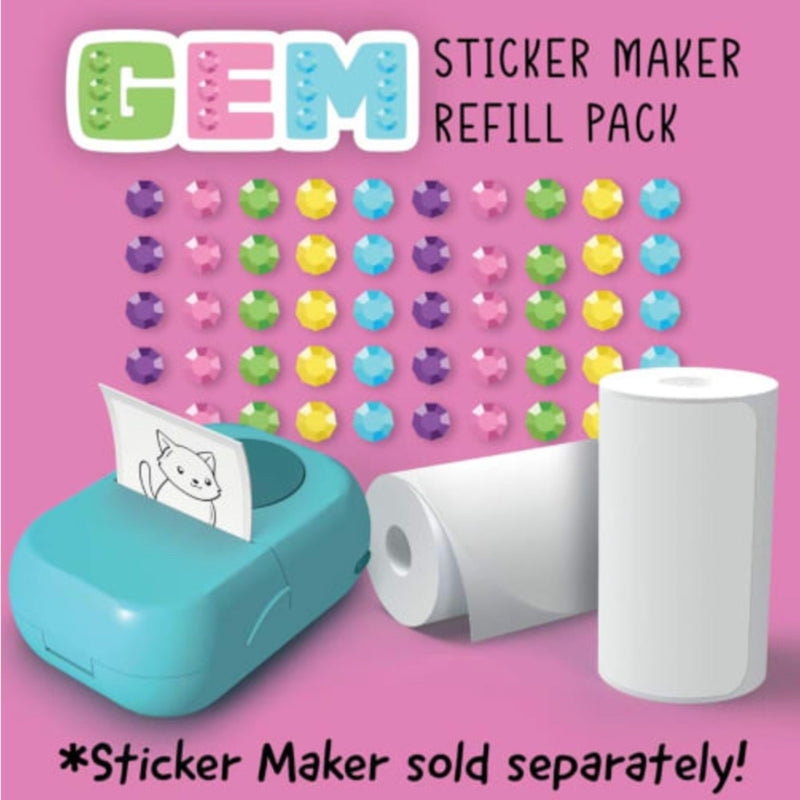 Promotional graphic for a Gem Sticker Maker Refill Pack on a pink background, showing colorful gem-shaped stickers, a turquoise sticker maker with a printed card, a roll of white paper, and text noting the sticker maker is sold separately.