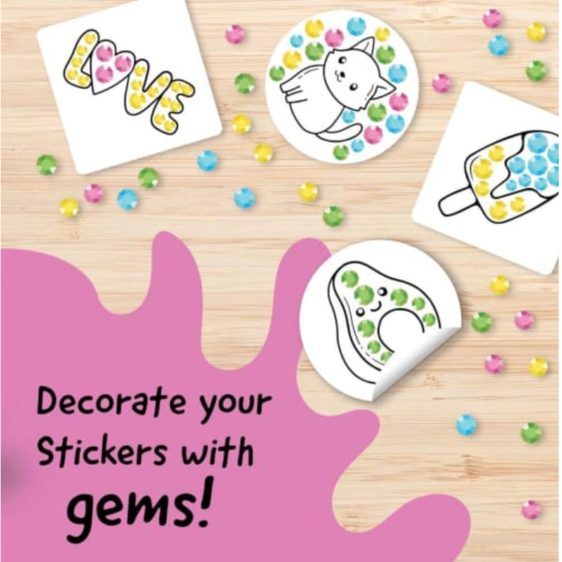 Decorate your stickers with gems! Stickers featuring cute cartoon designs including a cat, a popsicle, and a smiling face with colorful gem-like dots, arranged on a light wood background with scattered multicolored gems.