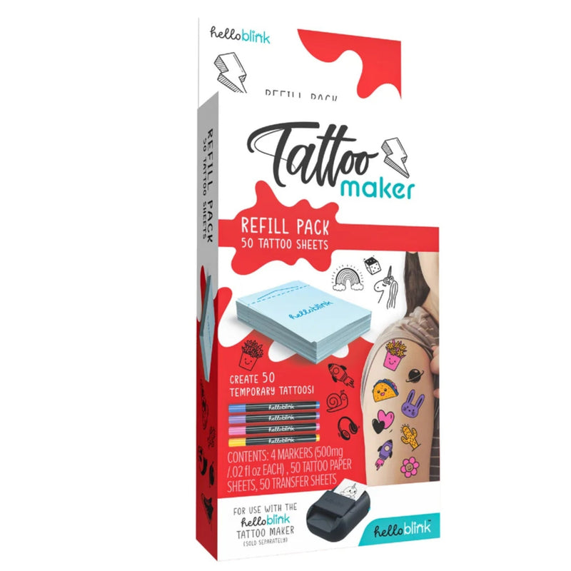 Hello Blink Tattoo Maker Refill Pack box, containing 30 temporary tattoo sheets and 4 markers, shown on a clean white background.