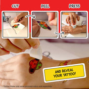 Step-by-step guide on applying a temporary tattoo with cut, peel, press, and reveal text.
