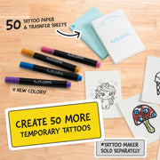 Tattoo paper, transfer sheets, and markers on a wooden surface with promotional text.