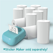 A roll-sticker dispenser with a sample sticker showing a cartoon cat, shown with multiple white roll stickers behind it on a light blue background. Text at the bottom reads '*Sticker Maker sold separately!'.