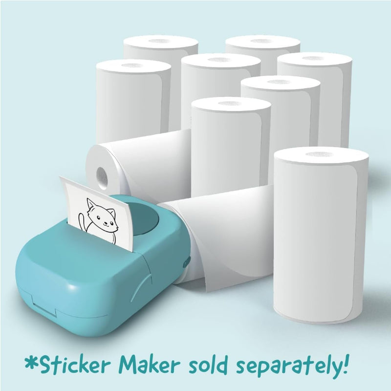 A roll-sticker dispenser with a sample sticker showing a cartoon cat, shown with multiple white roll stickers behind it on a light blue background. Text at the bottom reads '*Sticker Maker sold separately!'.