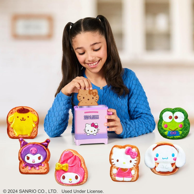 Girl playing with Hello Kitty-themed cookie toys on a table.