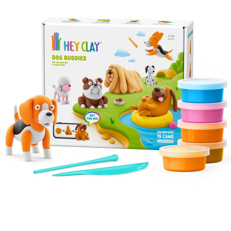Hey Clay Dog Buddies playset with clay containers and tools on a white background