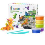 Hey Clay Dragon Island DIY clay modeling kit with a colorful dragon figure, a stack of five colored clay pots, two plastic tools, and the product packaging box on a white background.