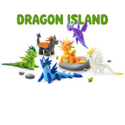A set of colorful dragon figurines arranged on a white background under the green text 'DRAGON ISLAND'. The collection includes dragons in green, blue, purple, orange, white, and gray, with small gray stones scattered around them.