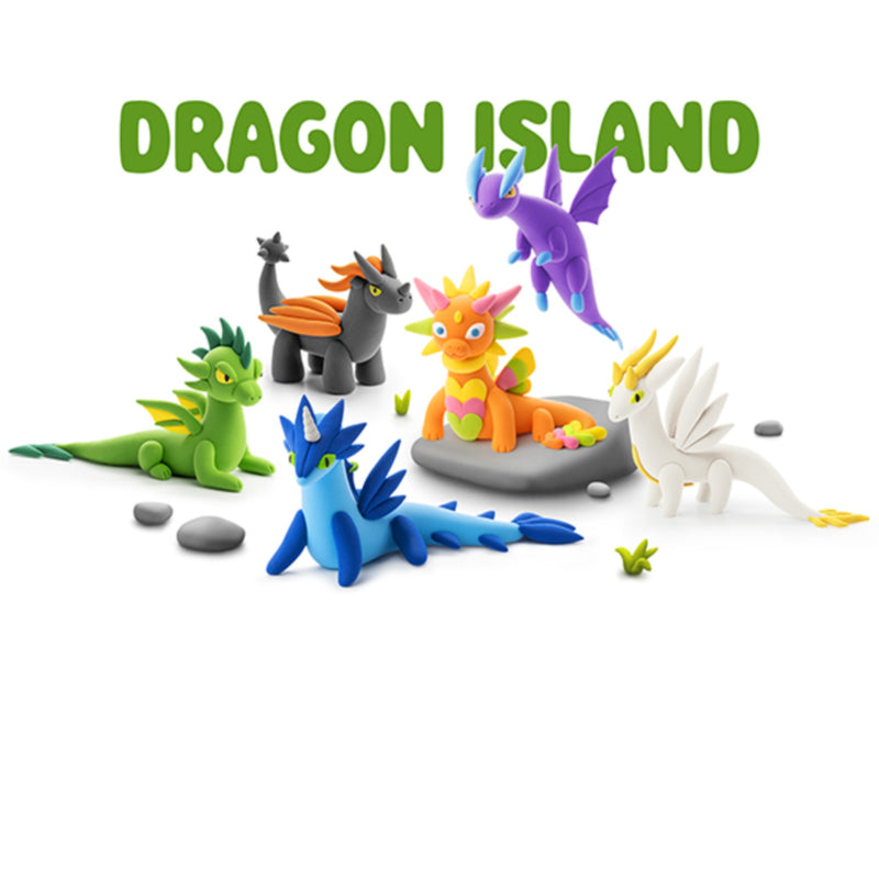 A set of colorful dragon figurines arranged on a white background under the green text 'DRAGON ISLAND'. The collection includes dragons in green, blue, purple, orange, white, and gray, with small gray stones scattered around them.