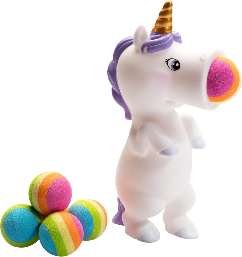 White unicorn ball popper toy with purple mane, gold horn, and four colorful foam balls