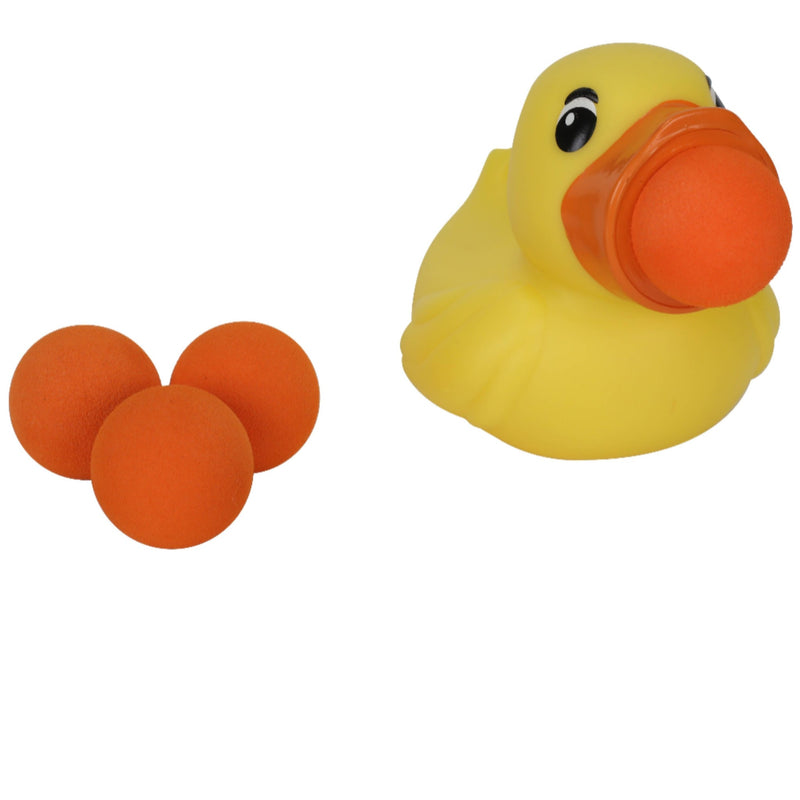 A yellow rubber duck toy with a bright orange beak, shown next to three matching orange balls on a plain white background.