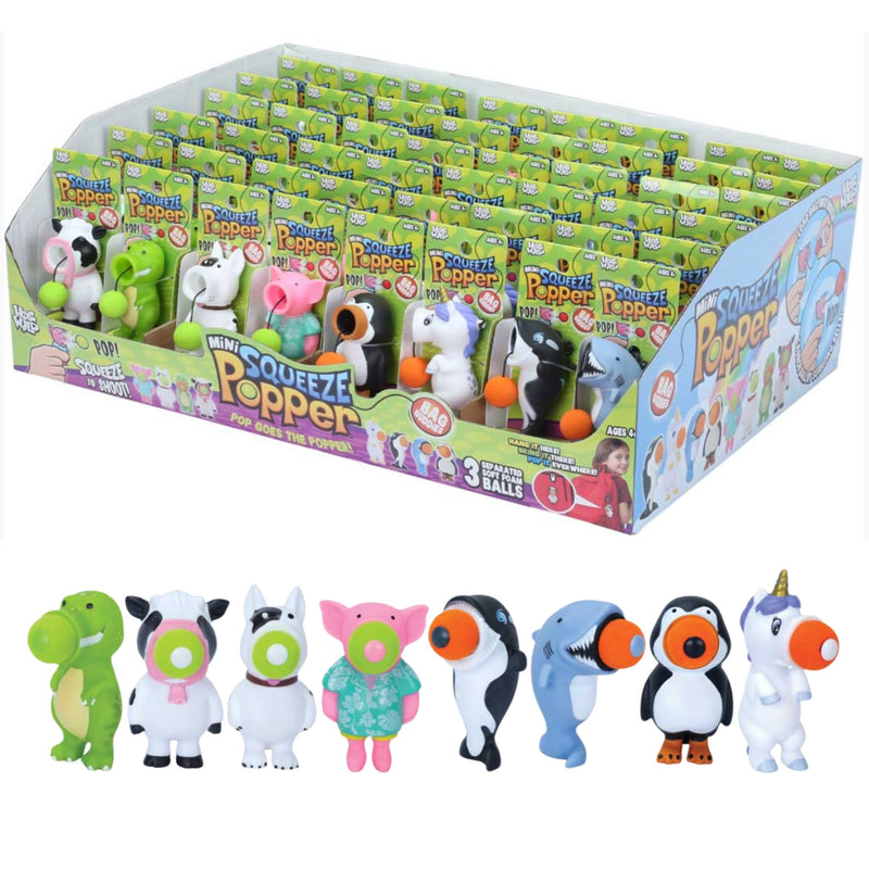 A retail display box filled with packaged 'Mini Squeeze Pepper' toy surprise bags, with several colorful squeeze toy figures displayed in front on a white background.