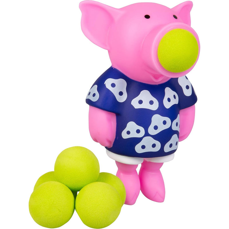 Pink toy pig with a blue shirt and neon green balls on a white background