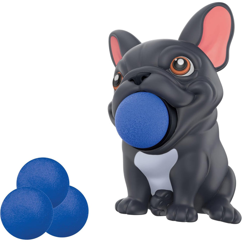 A black French bulldog-shaped toy holding a blue ball in its mouth, shown on a white background with three loose blue balls at the lower left.