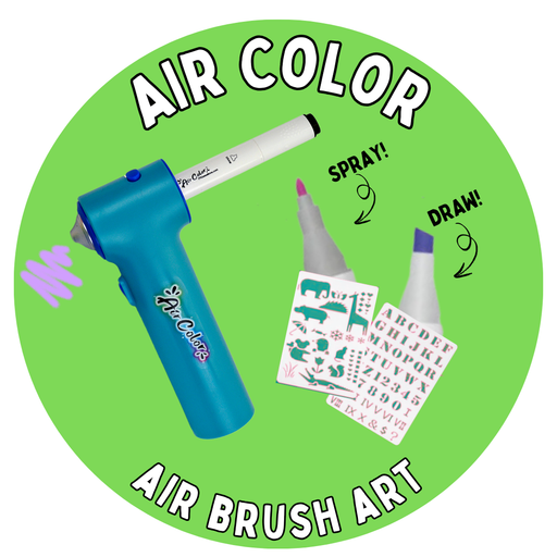 AirColor airbrush kit with blue airbrush tool and stencil sheets on green background