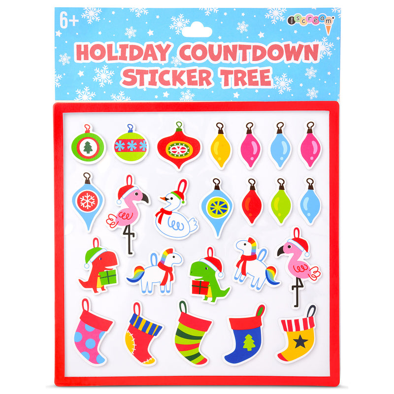 Holiday Countdown Sticker Tree package with Christmas ornaments animals and stockings stickers
