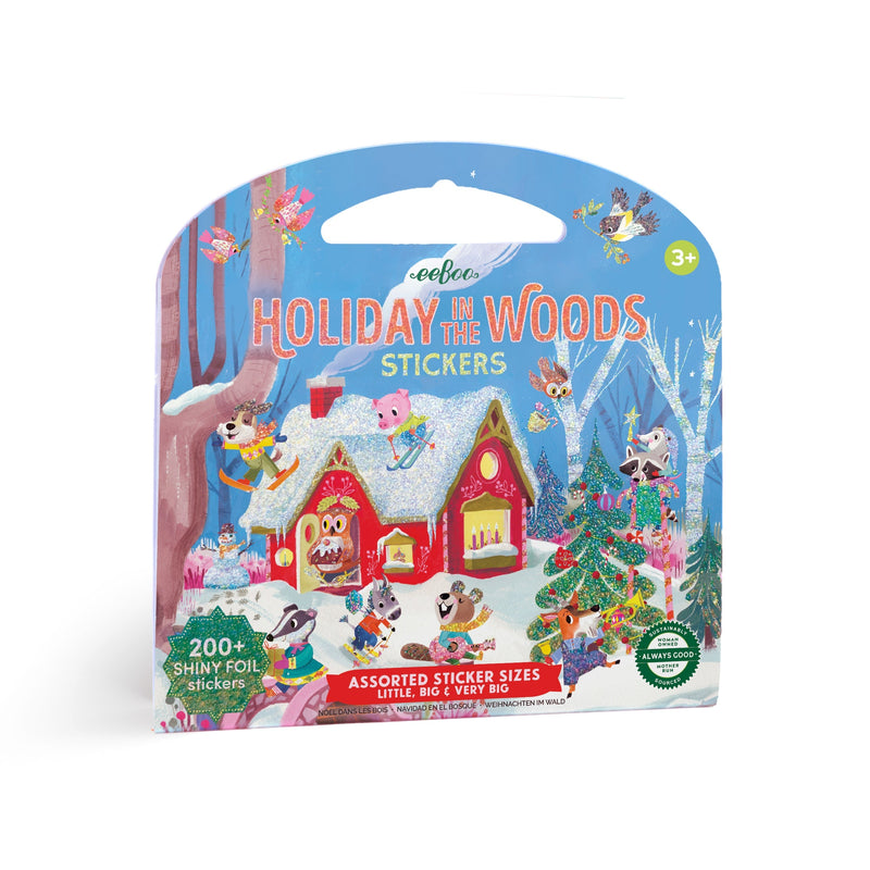 eeBoo Holiday in the Woods Stickers package with winter scene and 200+ shiny foil stickers
