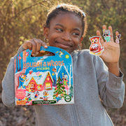 Child holding eeBoo Holiday in the Woods stickers package and showing colorful character stickers