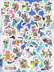 Collection of colorful animal-themed holiday stickers with glittery textures and winter woodland characters