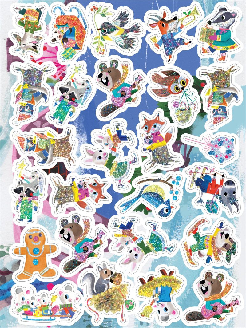 Collection of colorful animal-themed holiday stickers with glittery textures and winter woodland characters
