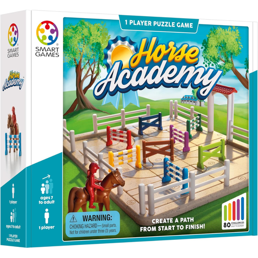 Horse Academy puzzle game box with colorful horse and obstacles on a green background