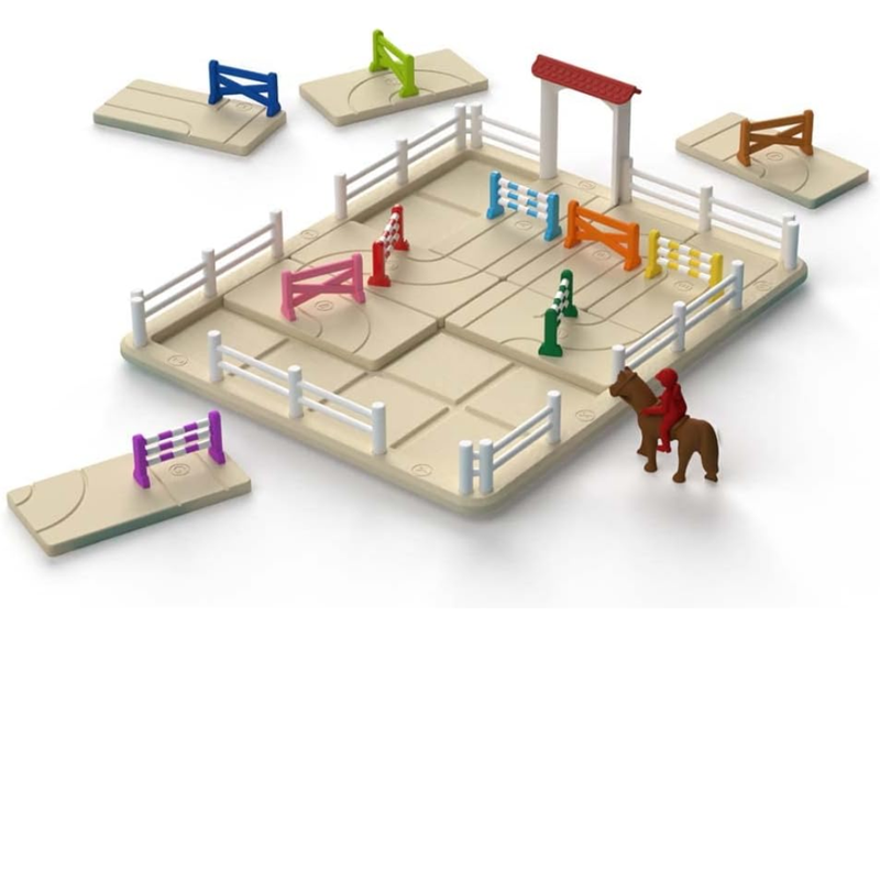 Model of an equestrian obstacle course with a horse figure on a white background.