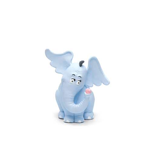 Blue elephant Tonie audio character figurine with wings and pink flower on white background