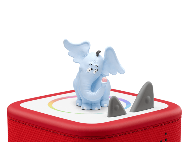 Blue Horton elephant Tonie figure on red Toniebox speaker with rainbow circle