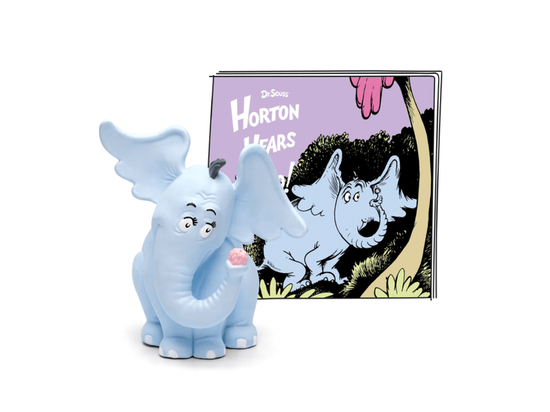 Light blue Horton elephant Tonie figurine displayed with Dr. Seuss Horton Hears book cover