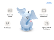 Blue elephant Tonie figure with features callouts for Story Time audiobooks
