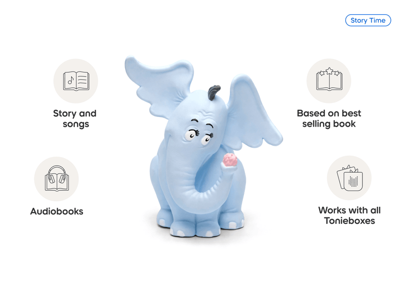 Blue elephant Tonie figure with features callouts for Story Time audiobooks