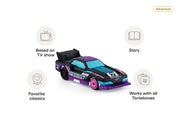 Hot Wheels Tonie car toy with feature icons showing TV show, story, classics and Toniebox compatibility