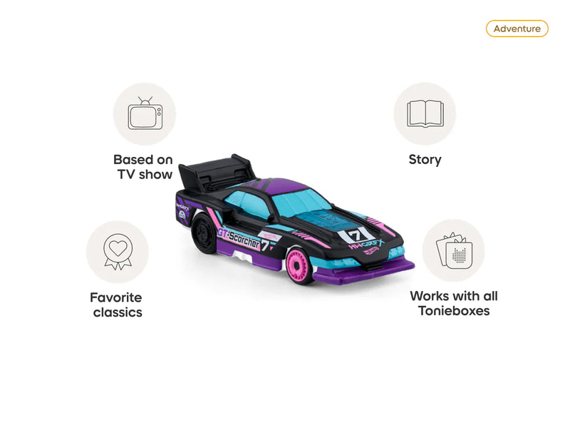 Hot Wheels Tonie car toy with feature icons showing TV show, story, classics and Toniebox compatibility
