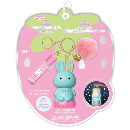 Hot Focus LED mood light keychain with blue bunny, pink pom pom and lip balm.