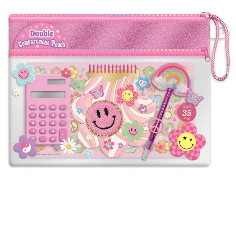 A pink double compartment pouch decorated with cute school-themed stickers, including a calculator, smiley face patch, rainbow, butterflies, flowers, and a pen, on a white background.