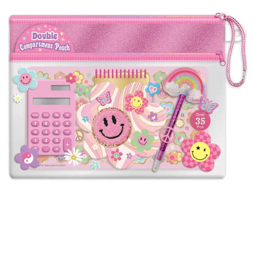 A pink double compartment pouch decorated with cute school-themed stickers, including a calculator, smiley face patch, rainbow, butterflies, flowers, and a pen, on a white background.