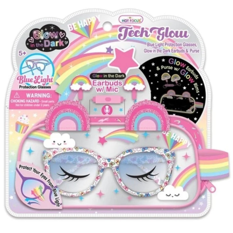 Cute tech glasses for tweens.  They protect from blue ligh.  Each has a pattern on a white background.  Presented in a clear package on a white background.