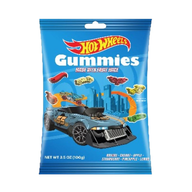 Blue 3.5 oz package of gummy candy in the shape of Hot Wheels on a white background.
