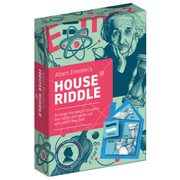 Box of 'Albert Einstein's House Riddle' game with Einstein's face and house illustration.