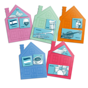 Colorful house-shaped cards with various symbols and text on a white background.